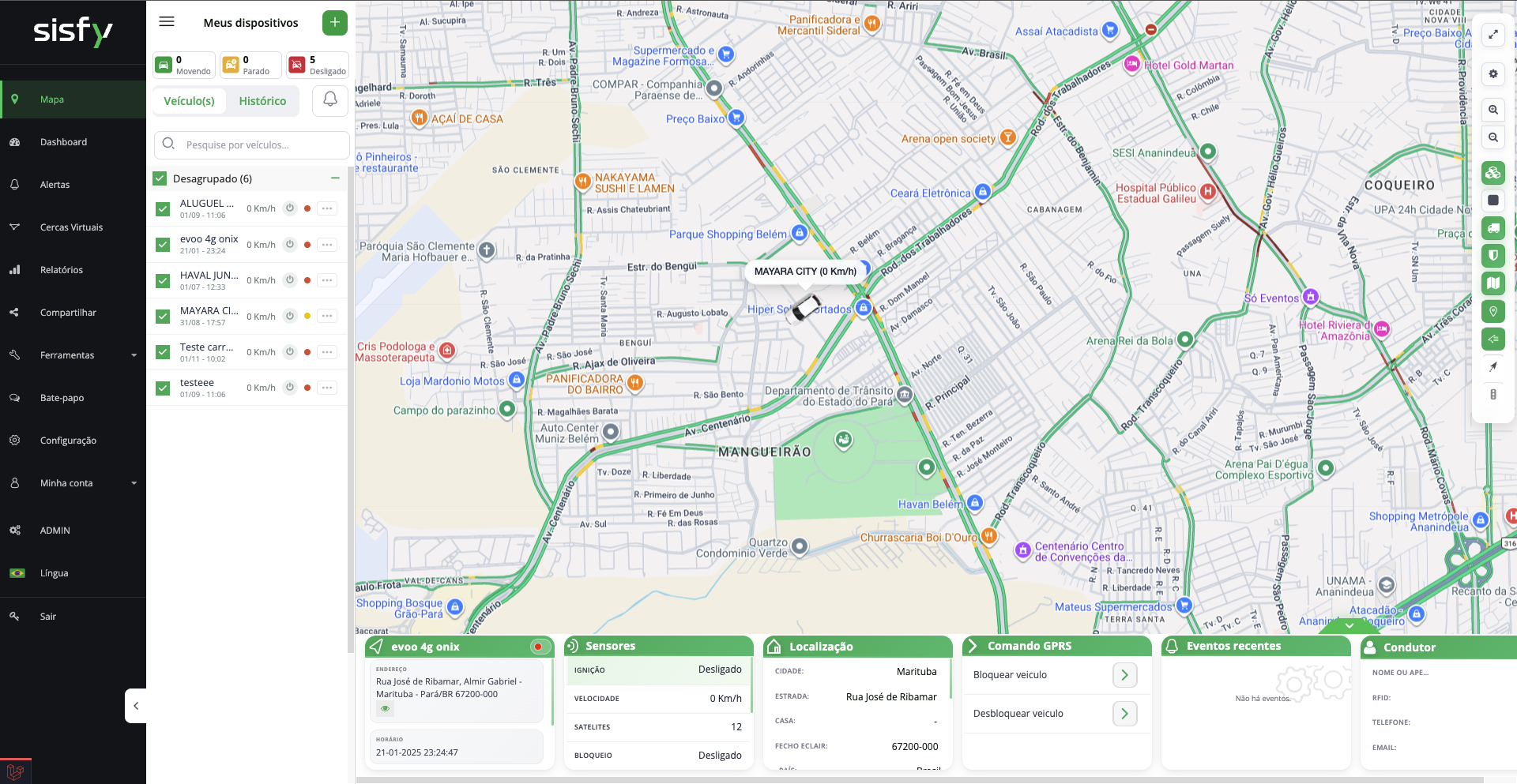 Interface real de rastreamento da SISFY Track com mapa ao vivo e lista de veículos